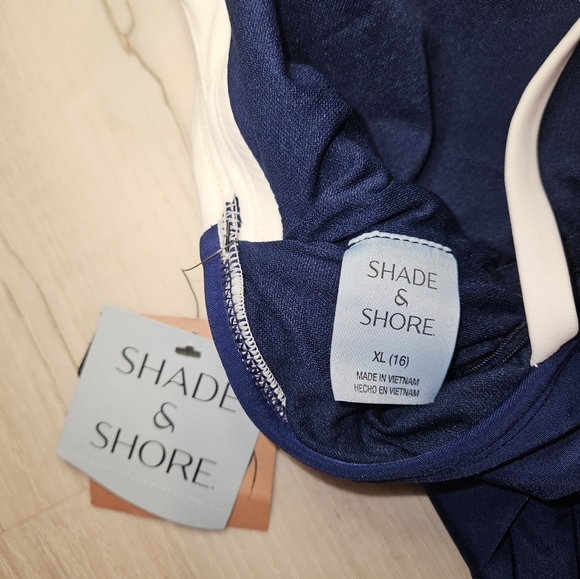 Shade & Shore NWT Navy White Colorblock One Piece Swimsuit XL 16 Square Neck - Picture 8 of 11